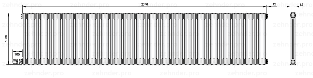 Схема (чертеж) Радиатор Zehnder Charleston 2100/56 №V004 Белый глянцевый RAL 9016